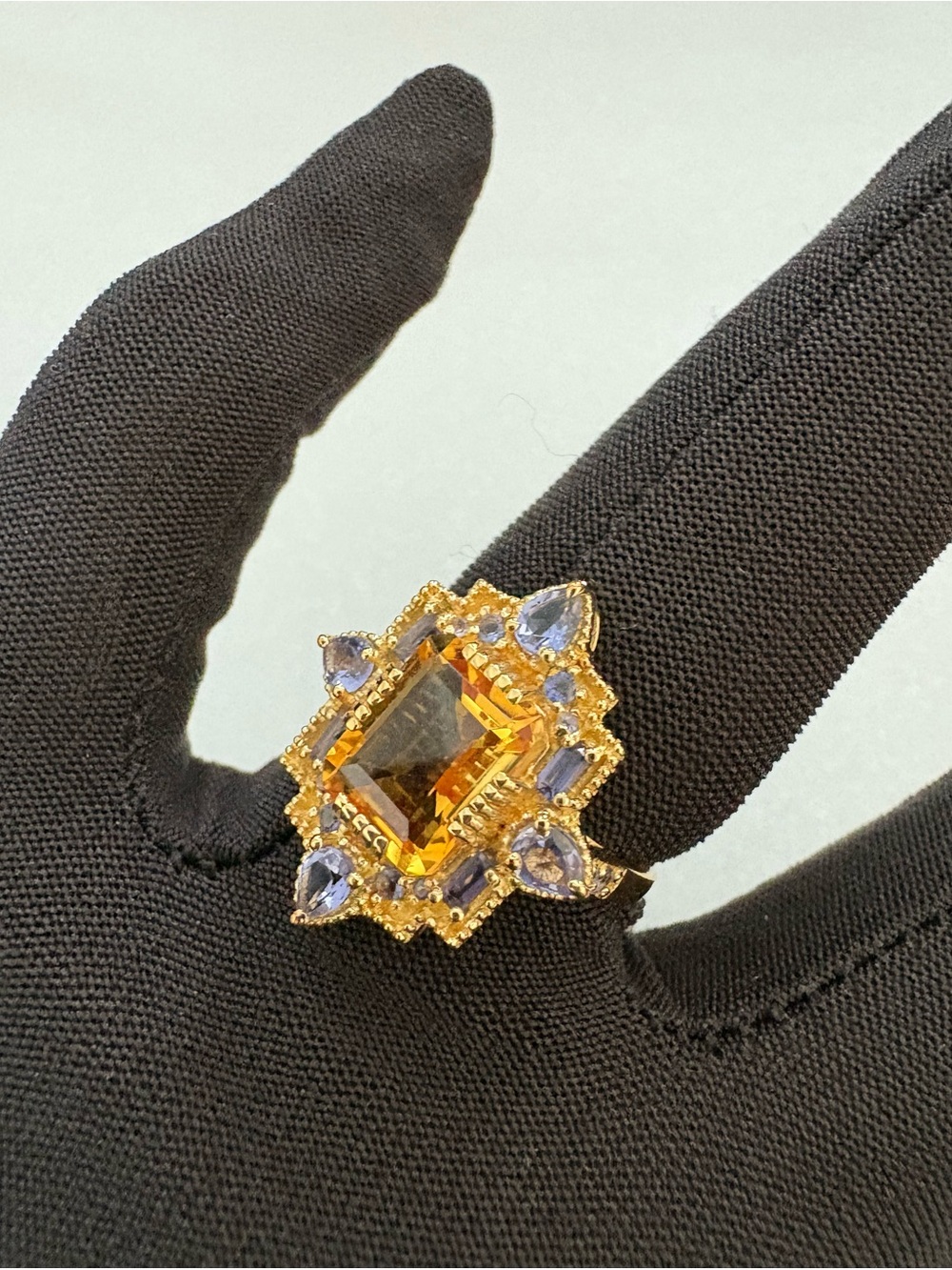 18k Gold Vermeil & Genuine Madeira Citrine Stone Statement Ring size 8